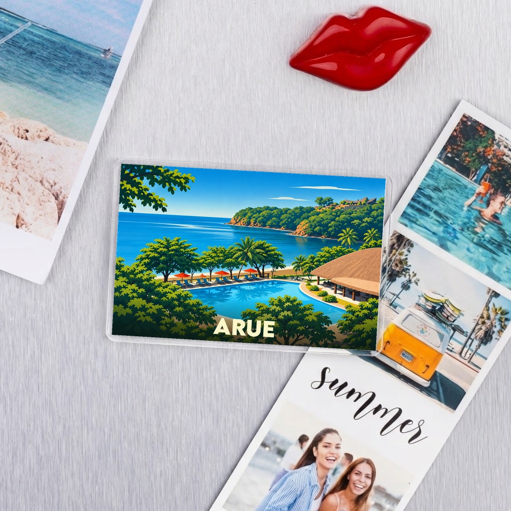 Magnet souvenir de la ville d'Arue avec une illustration stylisée d'une plage tropicale et d'une piscine.