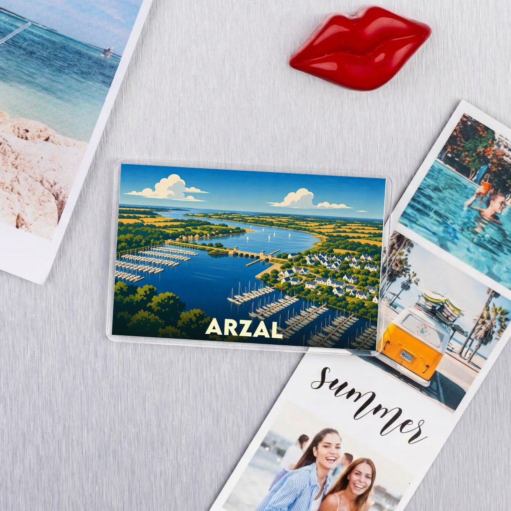 Magnet souvenir de la ville de Arzal avec une illustration stylisée d'un port de plaisance.