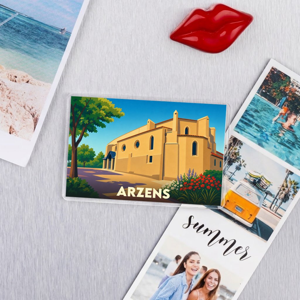 Magnet souvenir de la ville d'Arzens avec une illustration stylisée de son église.