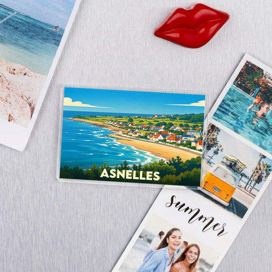 Magnet souvenir de la ville de Asnelles avec une illustration stylisée de son front de mer.