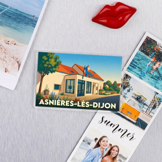 Magnet souvenir de la ville de Asnières-lès-Dijon avec une illustration stylisée de sa mairie.