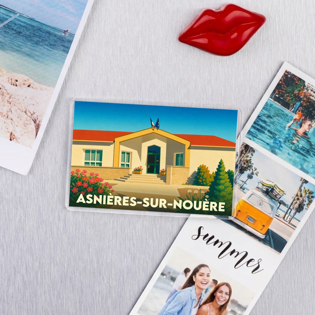 Magnet souvenir de la ville de Asnières-sur-Nouère avec une illustration stylisée de sa mairie.