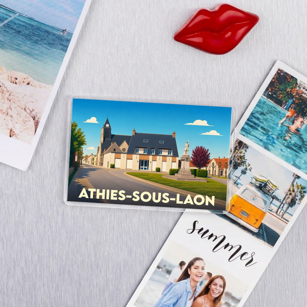 Magnet souvenir de la ville de Athies-sous-Laon avec une illustration stylisée.