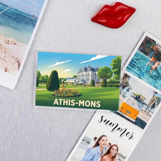 Magnet souvenir de la ville d'Athis-Mons avec une illustration stylisée de son château et de ses jardins.