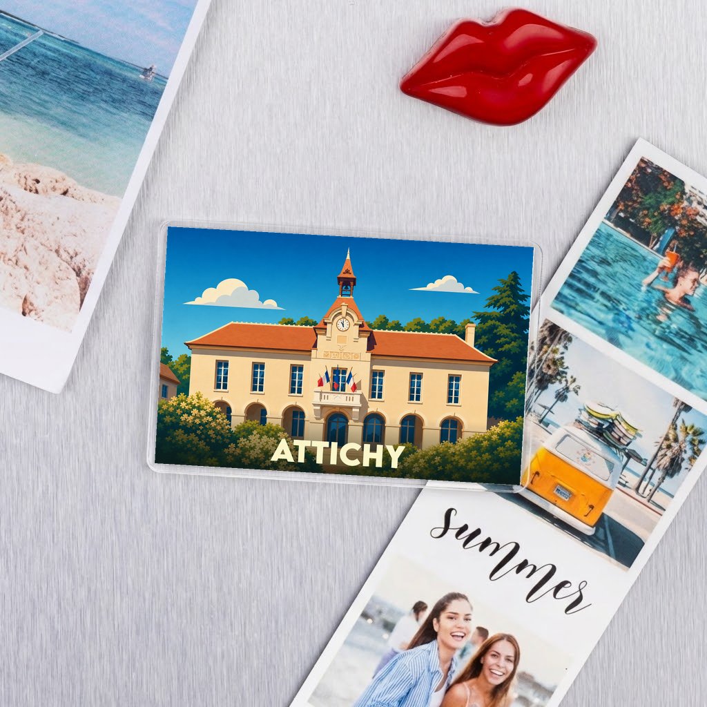 Magnet souvenir de la ville d'Attichy avec une illustration stylisée de sa mairie.