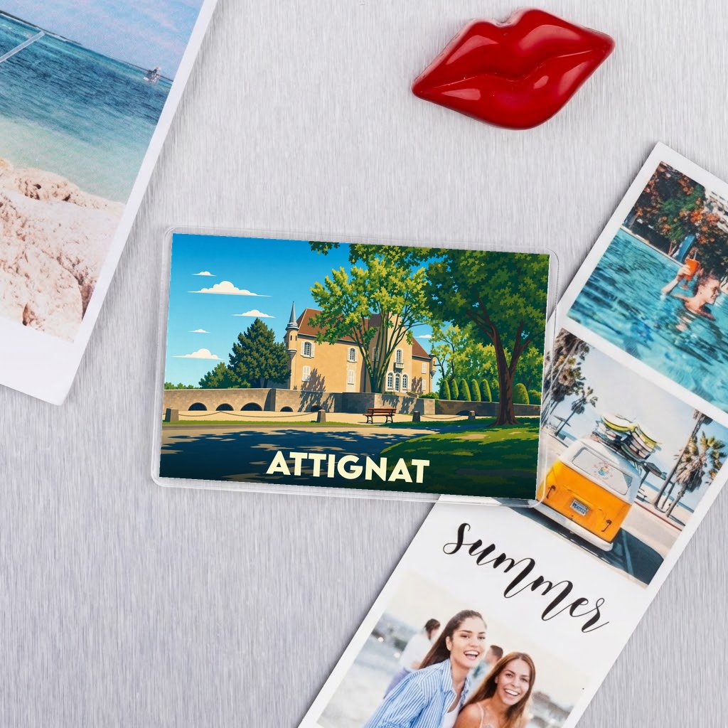 Magnet souvenir de la ville de Attignat avec une illustration stylisée.