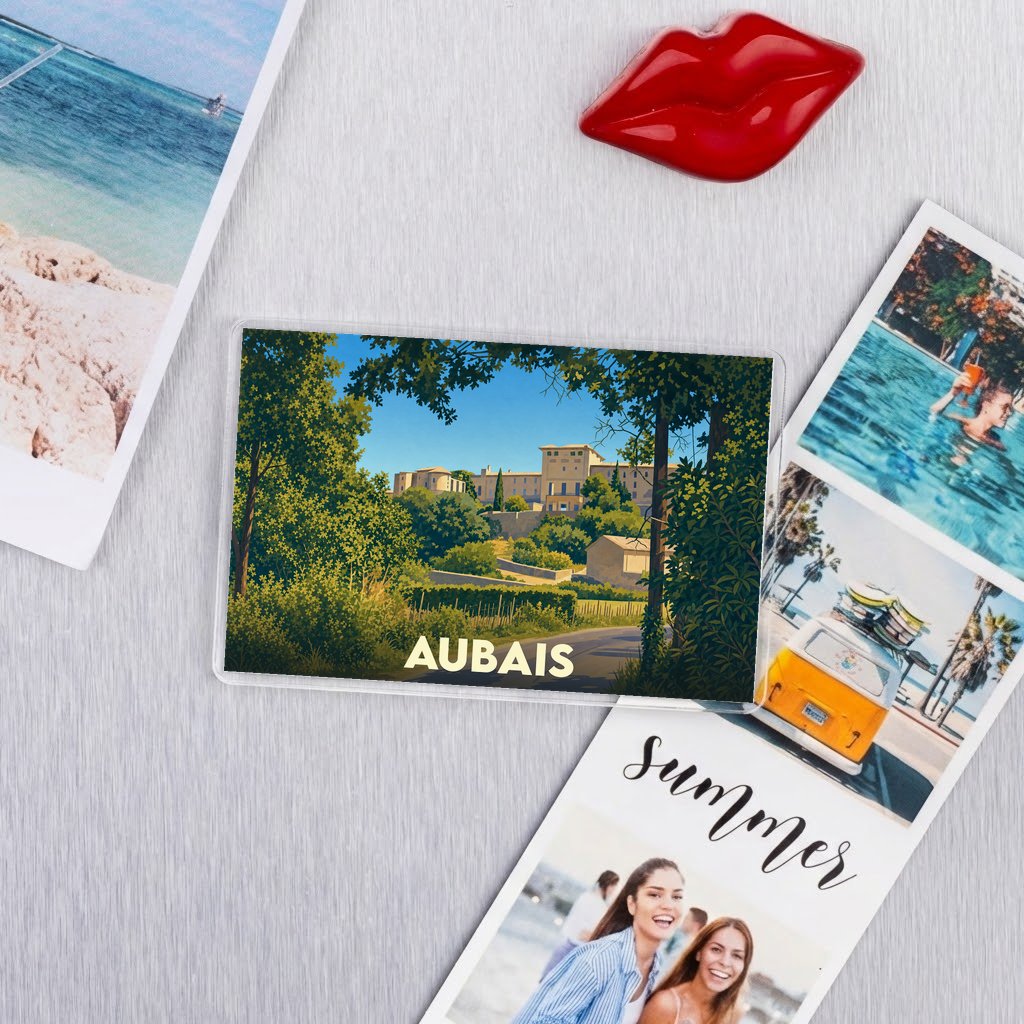 Magnet souvenir de la ville de Aubais avec une illustration de style vintage.