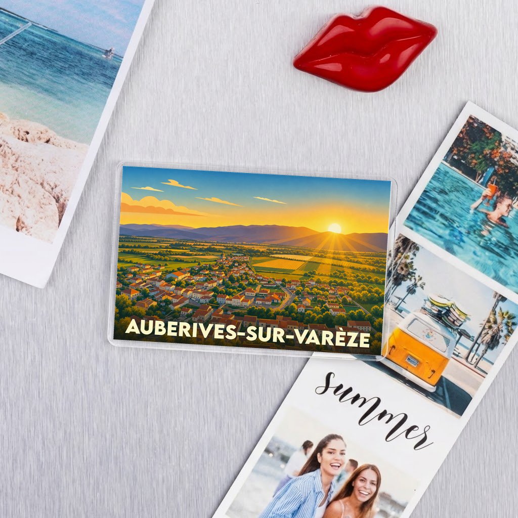 Magnet souvenir de la ville d'Auberives-sur-Varèze avec une illustration stylisée d'un paysage de campagne au coucher du soleil.