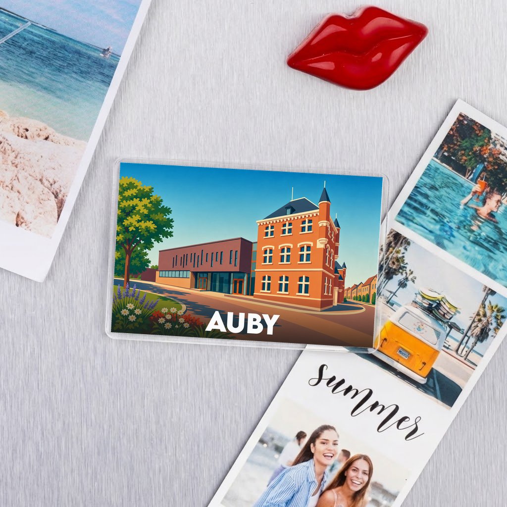 Magnet souvenir de la ville d'Auby avec une illustration stylisée de son architecture.