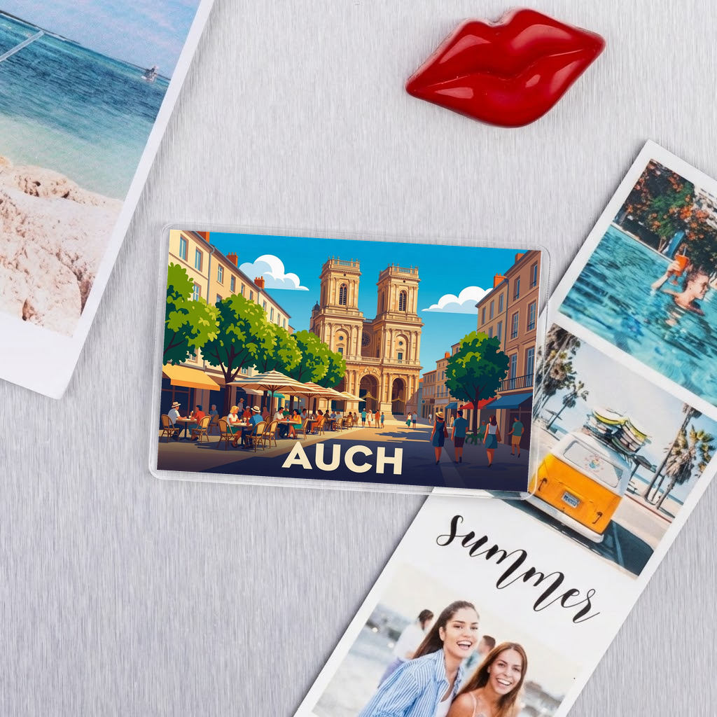 Magnet souvenir de la ville d'Auch avec une illustration stylisée.