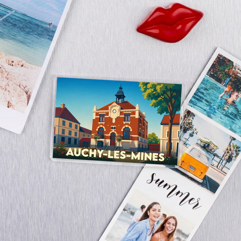 Magnet rectangulaire souvenir de la ville d'Auchy-les-Mines avec une illustration stylisée de son hôtel de ville.
