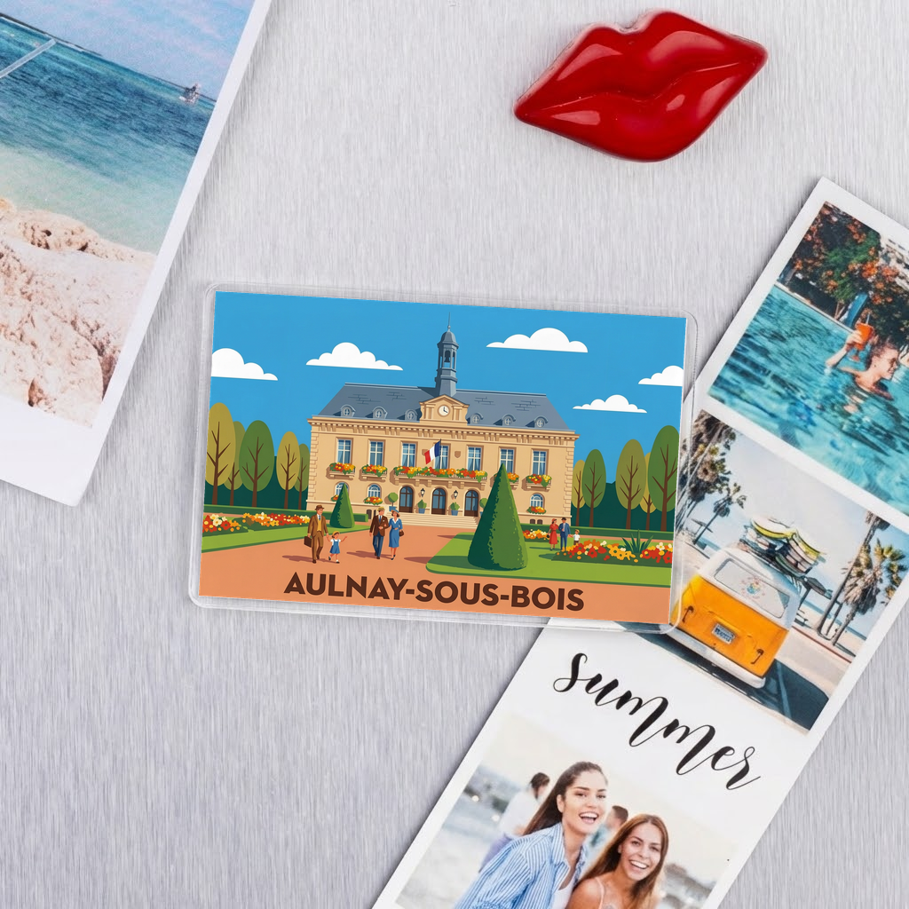 Magnet souvenir de la ville d'Aulnay-sous-Bois avec une illustration stylisée.