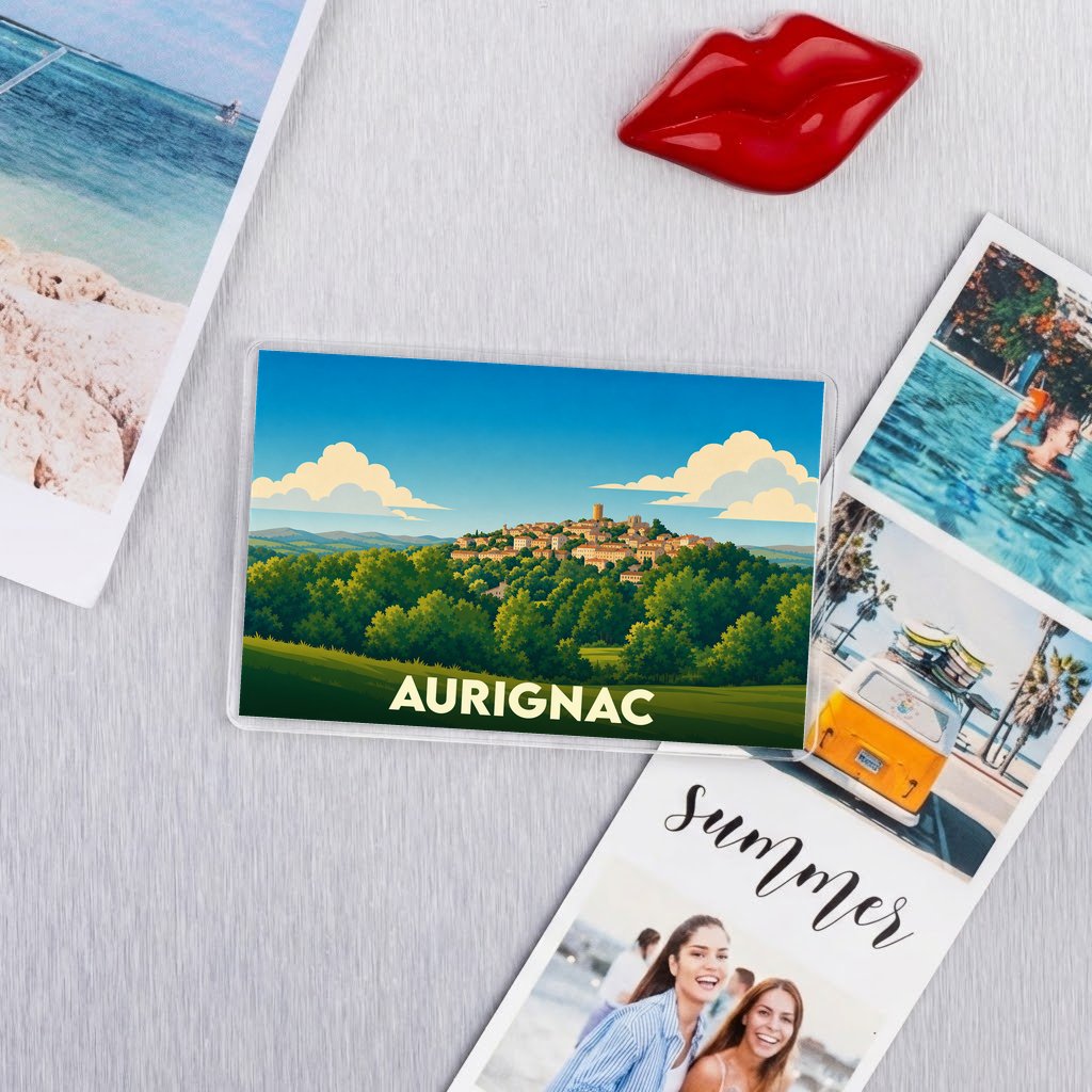 Magnet souvenir de la ville d'Aurignac avec une illustration stylisée d'un village perché.