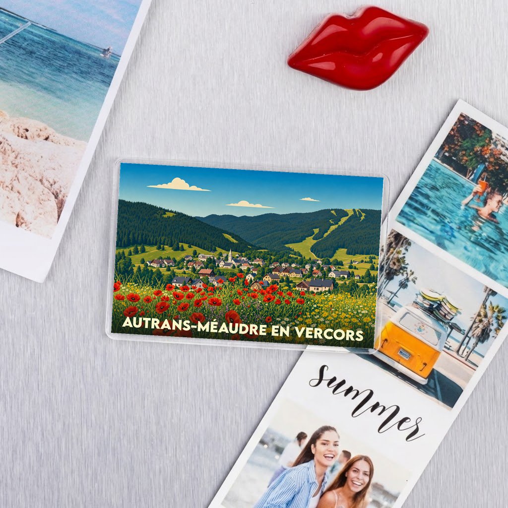 Magnet rectangulaire de la ville d'Autrans-Méaudre en Vercors représentant un paysage de montagne fleuri.