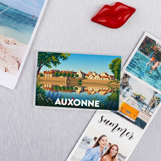 Magnet souvenir de la ville d'Auxonne avec une illustration stylisée des bords de Saône.