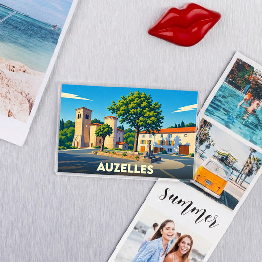 Magnet souvenir de la ville d'Auzelles avec une illustration stylisée et colorée.