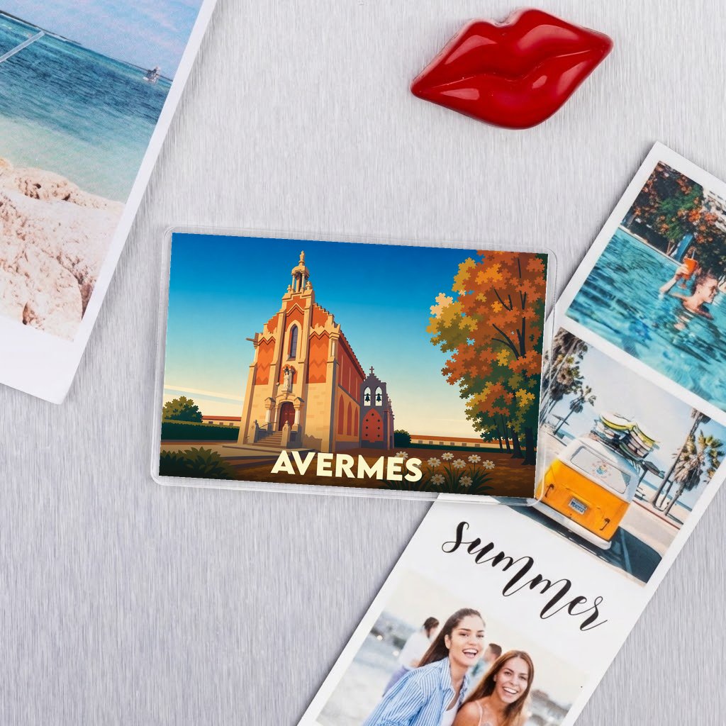 Magnet souvenir de la ville d'Avermes illustrant son église dans un style graphique épuré.