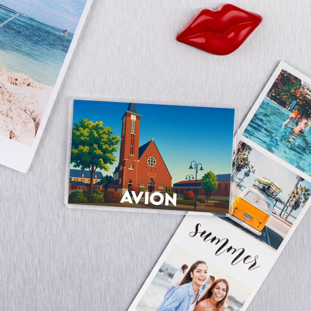 Magnet souvenir de la ville d'Avion avec une illustration stylisée de son église.