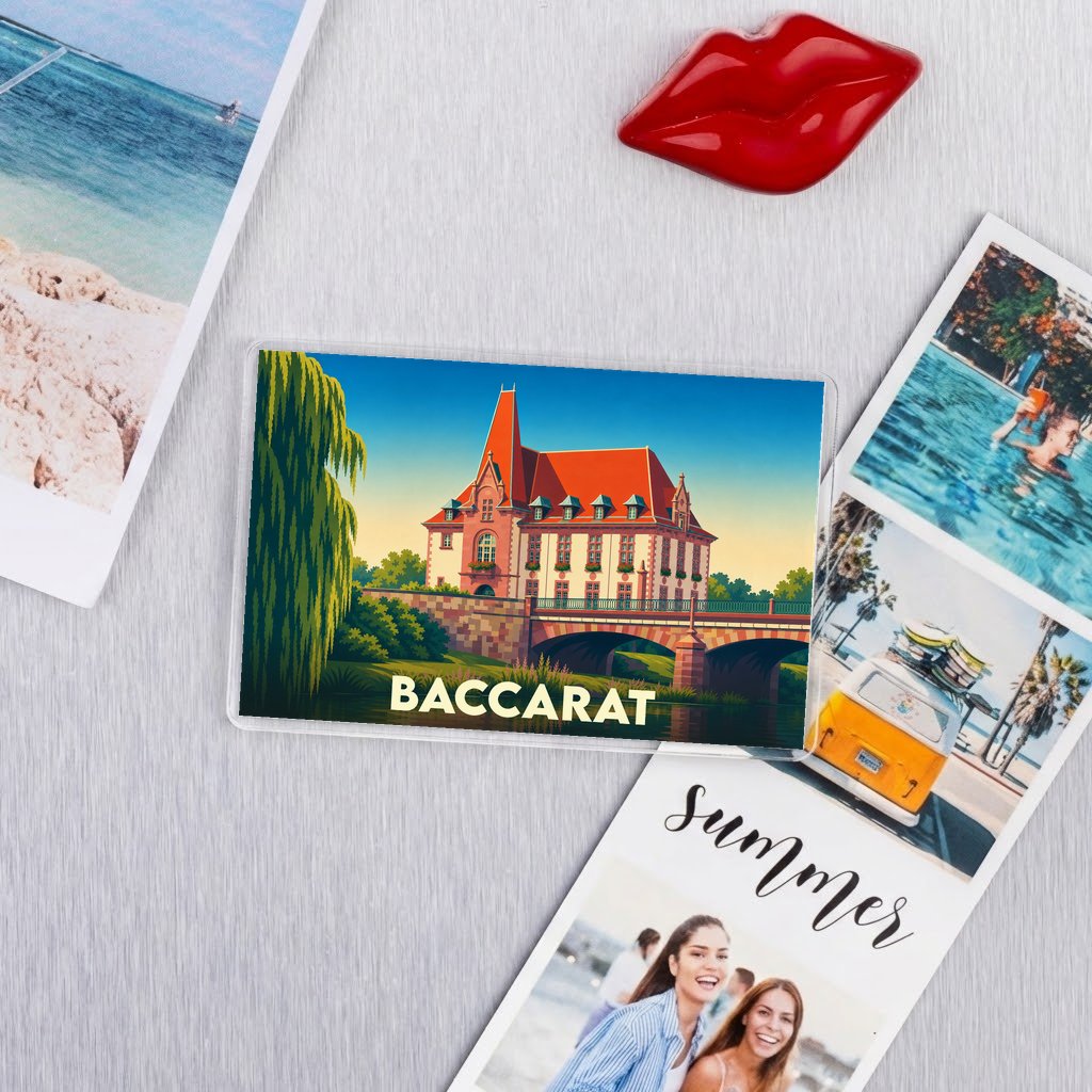 Magnet souvenir de la ville de Baccarat avec une illustration colorée et stylisée de son patrimoine architectural.