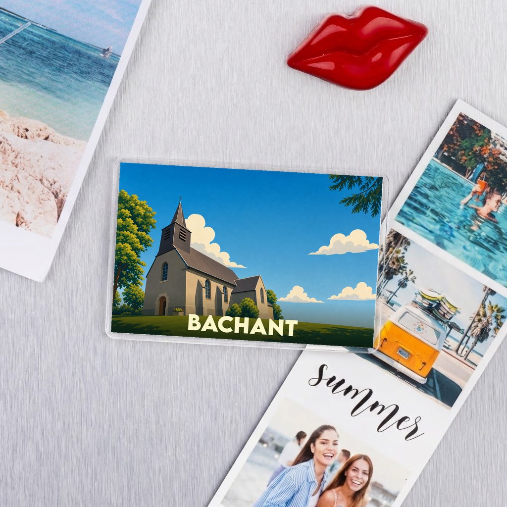 Magnet souvenir de la ville de Bachant avec une illustration stylisée de son église.