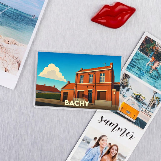 Magnet souvenir de la ville de Bachy avec une illustration stylisée.