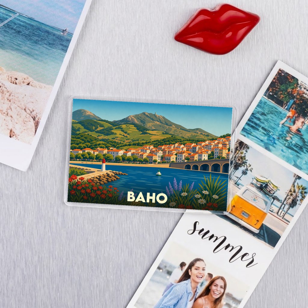 Magnet souvenir de la ville de Baho avec une illustration stylisée de son paysage.