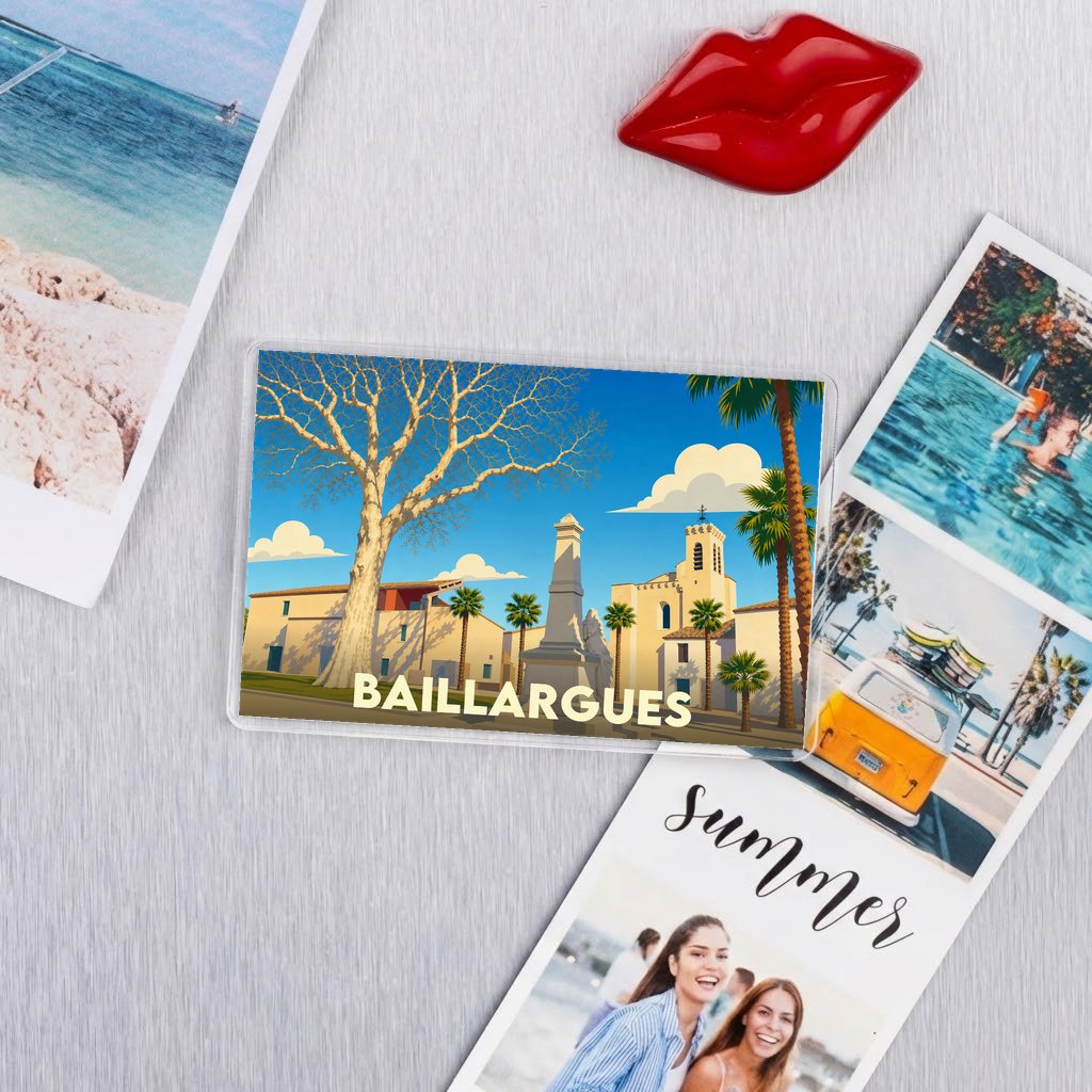 Magnet souvenir de la ville de Baillargues avec une illustration stylisée et colorée.