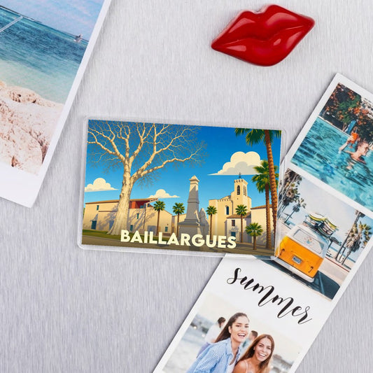 Magnet souvenir de la ville de Baillargues avec une illustration stylisée et colorée.