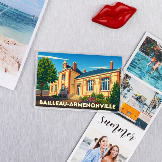 Magnet souvenir de la ville de Bailleau-Armenonville avec une illustration stylisée.