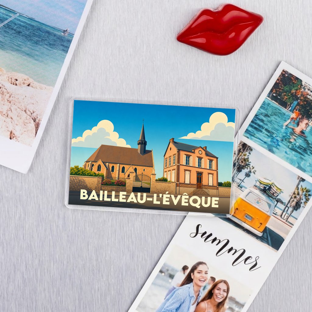 Magnet souvenir de la ville de Bailleau-l'Évêque avec une illustration stylisée de son église et de sa mairie.