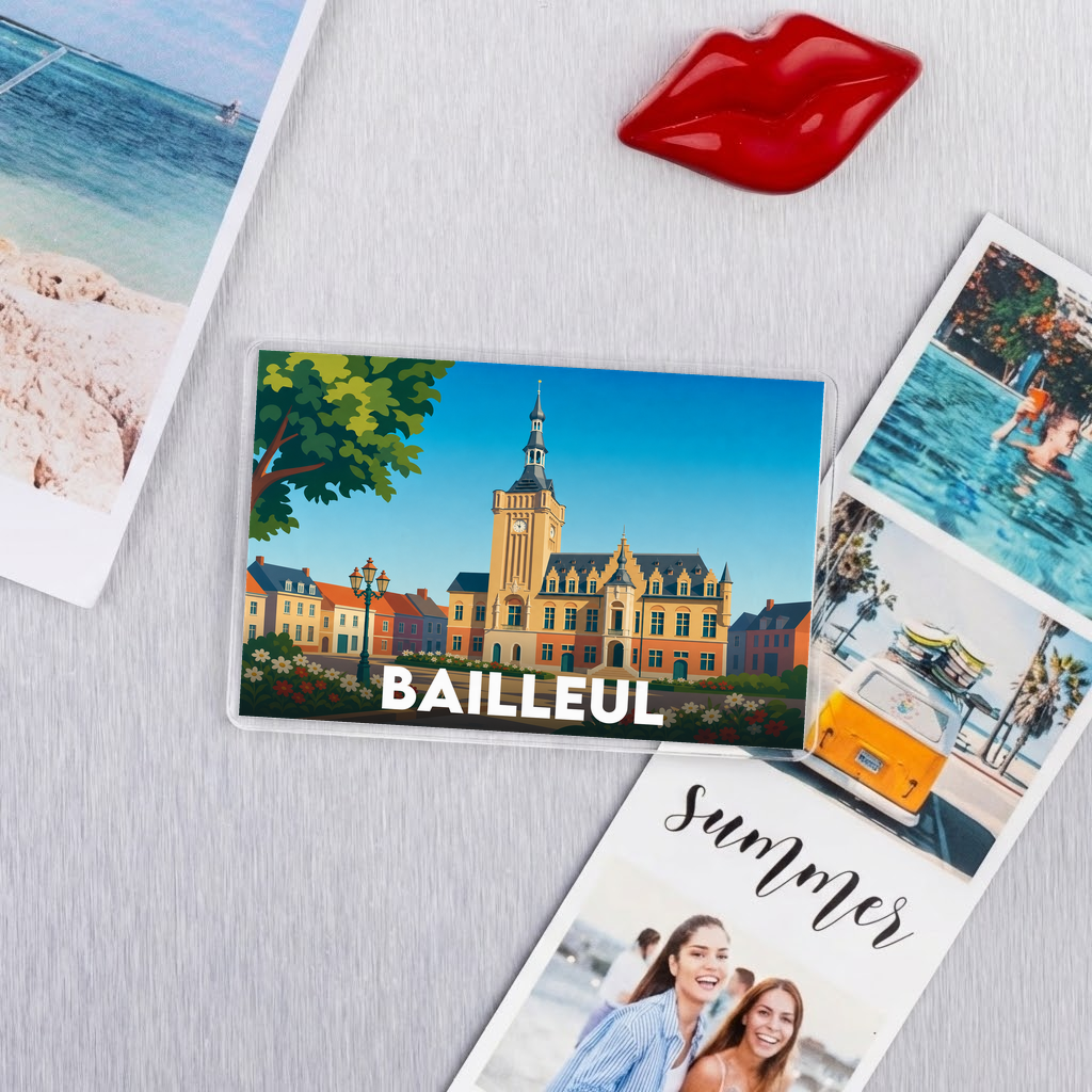 Magnet souvenir de la ville de Bailleul avec une illustration stylisée de son beffroi.