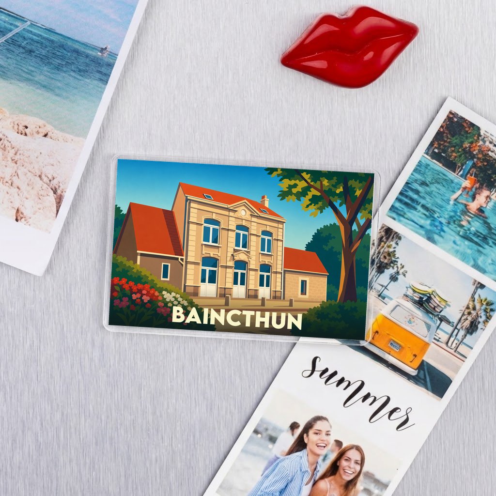 Magnet souvenir de la ville de Baincthun avec une illustration stylisée.