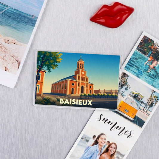 Magnet souvenir de la ville de Baisieux avec une illustration stylisée de son église.