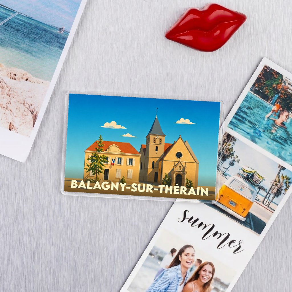 Magnet souvenir de la ville de Balagny-sur-Thérain avec une illustration stylisée de son église et de sa mairie.