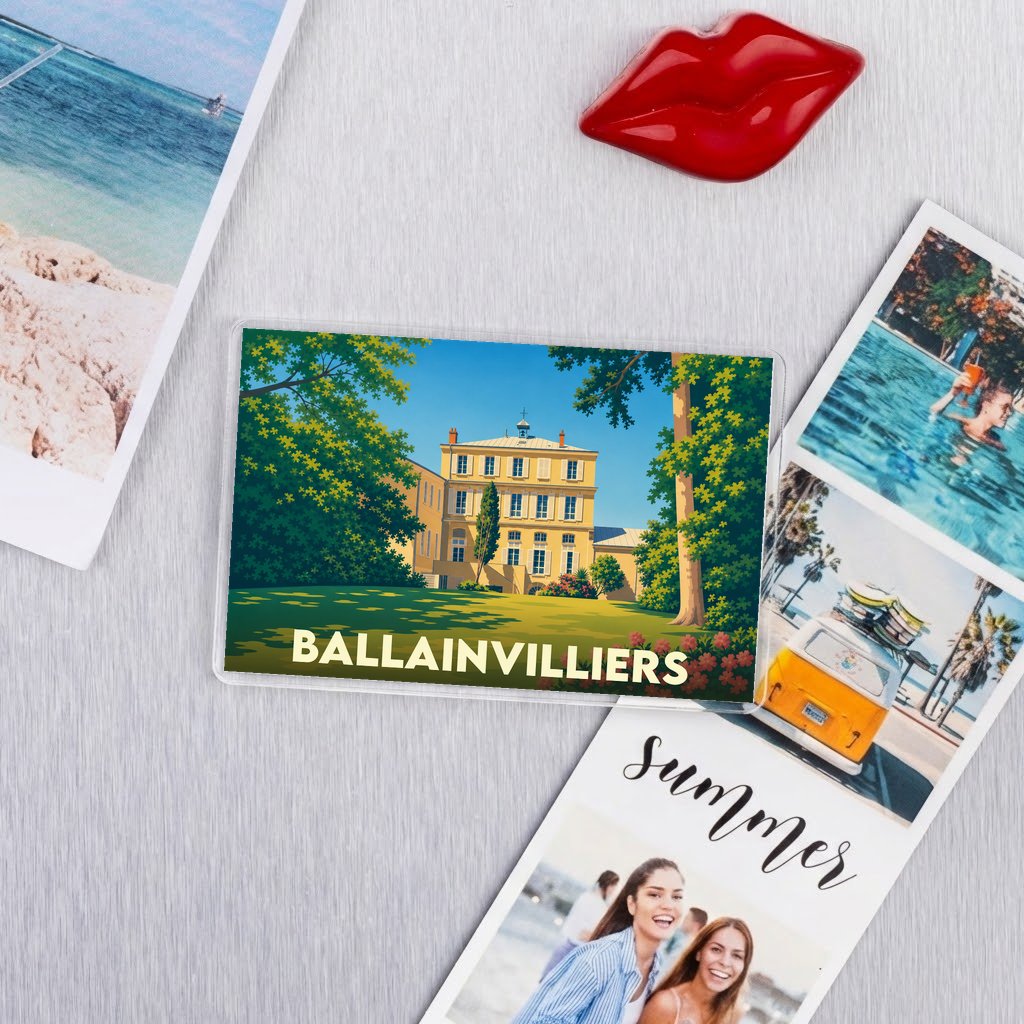 Magnet souvenir de la ville de Ballainvilliers avec une illustration stylisée de son château.