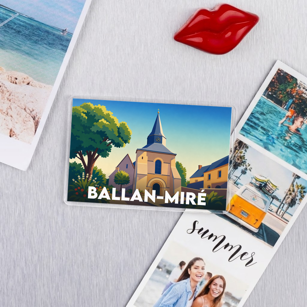 Magnet souvenir de la ville de Ballan-Miré avec une illustration stylisée de son église.