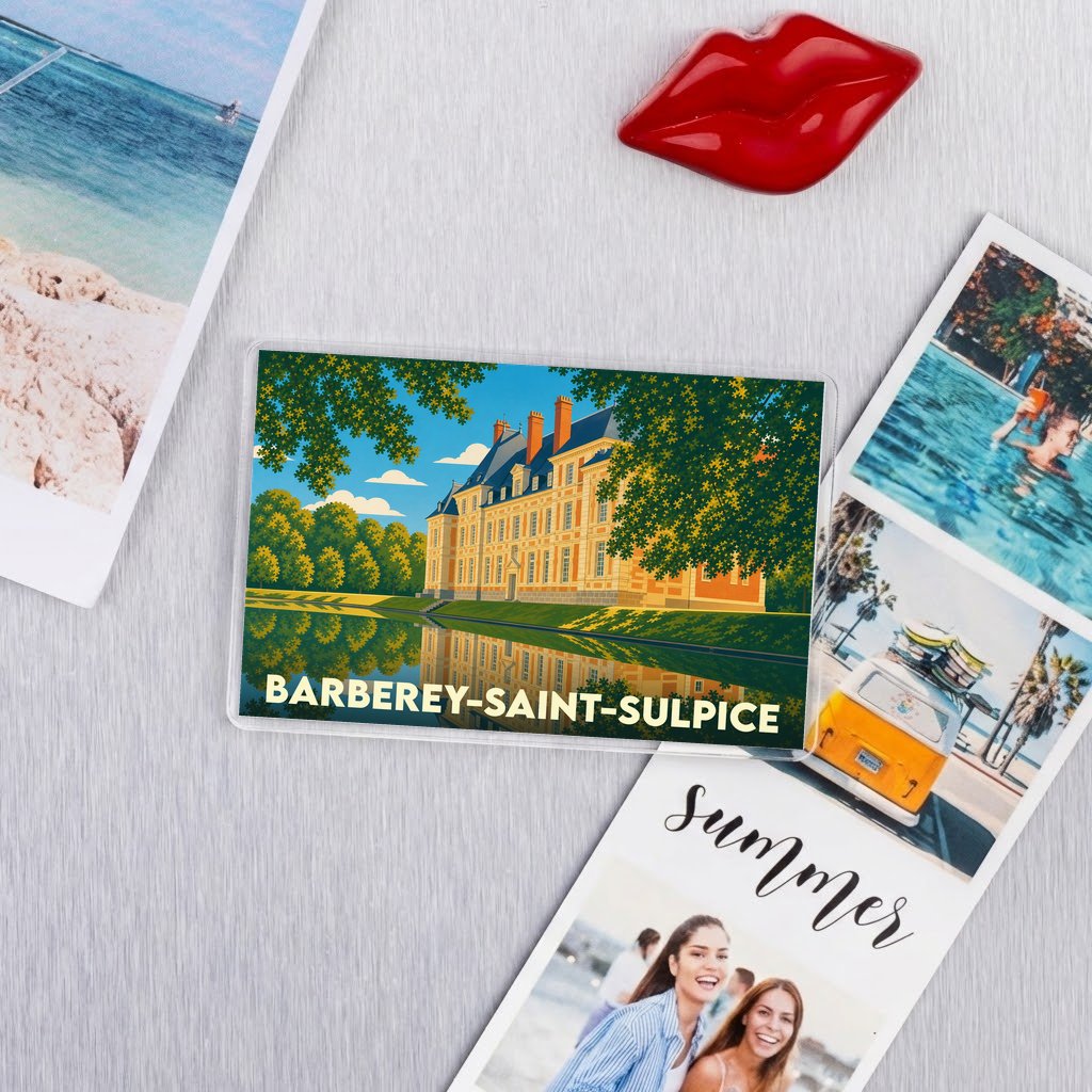 Magnet souvenir de la ville de Barberey-Saint-Sulpice avec une illustration stylisée de son château.