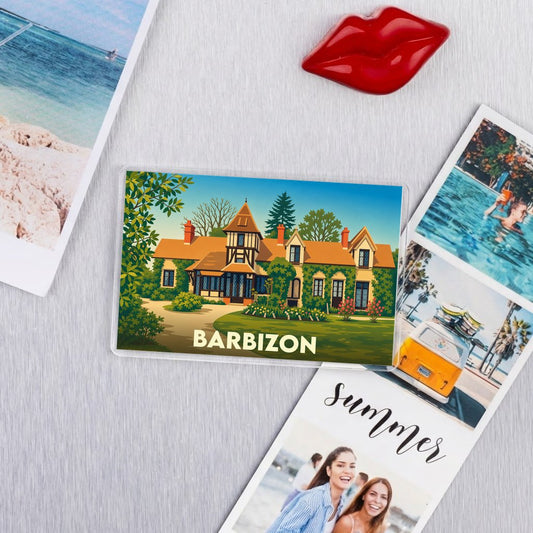 Magnet souvenir de la ville de Barbizon avec une illustration stylisée.