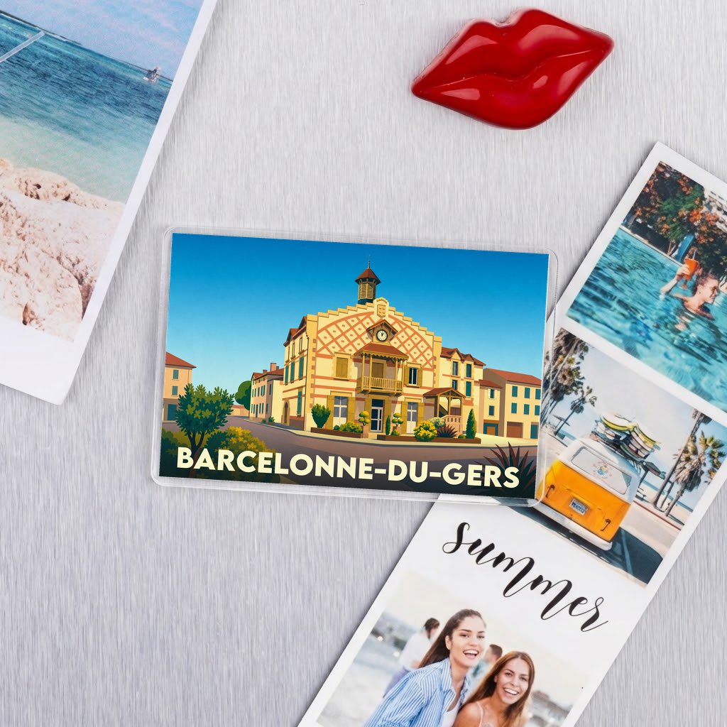 Magnet souvenir de la ville de Barcelonne-du-Gers avec une illustration stylisée de sa halle emblématique.