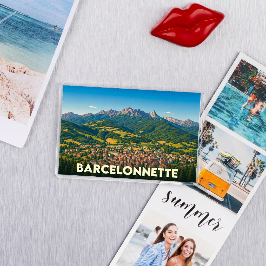 Magnet souvenir de la ville de Barcelonnette avec une illustration stylisée de la vallée et des montagnes.