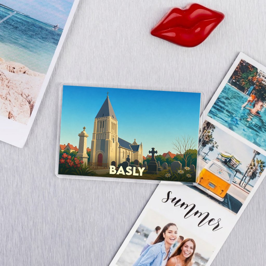 Magnet souvenir de la ville de Basly avec une illustration stylisée de son église et de son cimetière.