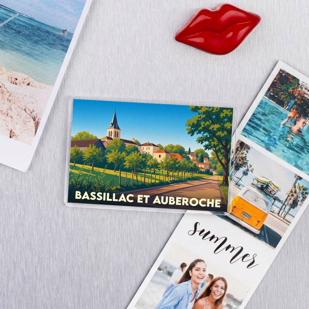 Magnet souvenir de la ville de Bassillac et Auberoche avec une illustration stylisée de style vintage.