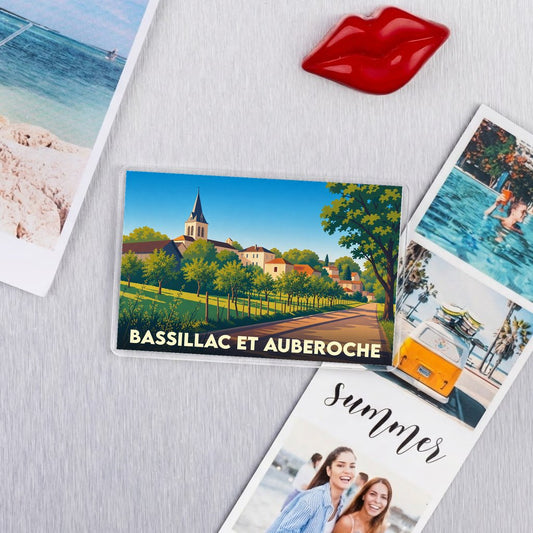 Magnet souvenir de la ville de Bassillac et Auberoche avec une illustration stylisée de style vintage.