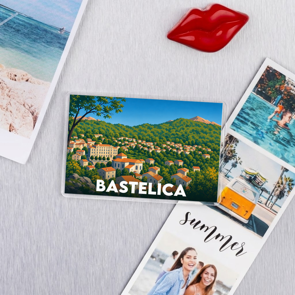 Magnet souvenir de la ville de Bastelica avec une illustration stylisée.
