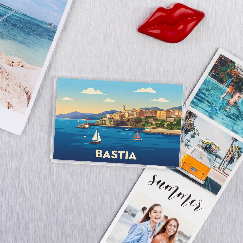 Magnet souvenir de la ville de Bastia avec une illustration stylisée.