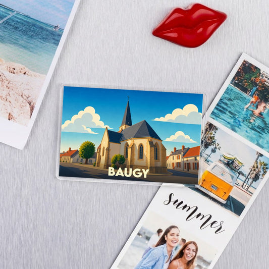 Magnet souvenir de la ville de Baugy avec une illustration stylisée de son église.