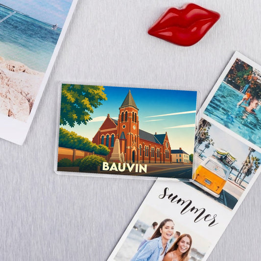 Magnet souvenir de la ville de Bauvin avec une illustration stylisée de l'église.