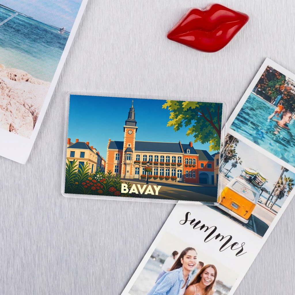 Magnet souvenir de la ville de Bavay avec une illustration stylisée de son hôtel de ville.