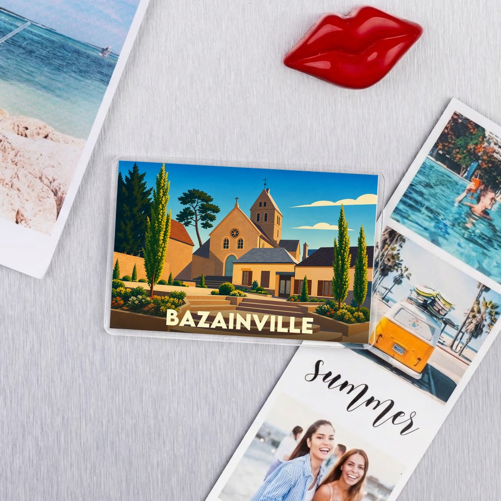 Magnet souvenir de la ville de Bazainville avec une illustration stylisée.