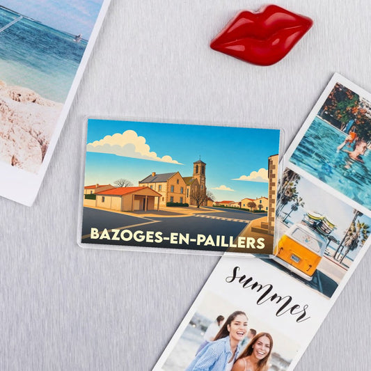 Magnet souvenir de la ville de Bazoges-en-Paillers avec une illustration stylisée.